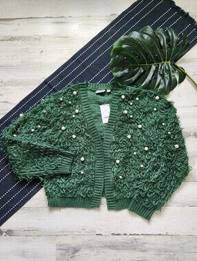 Mighty Fine Pearl Knit Loop Open Cardigan Green NWT Size Small